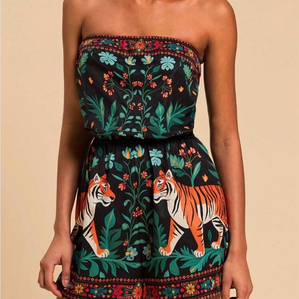Strapless Black Romper with Floral & Tiger Print